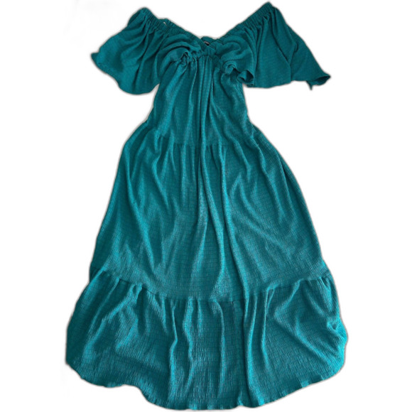 lunnow Dresses & Skirts - Lunnow Teal Off-the-Shoulder Tiered Dress – Size M